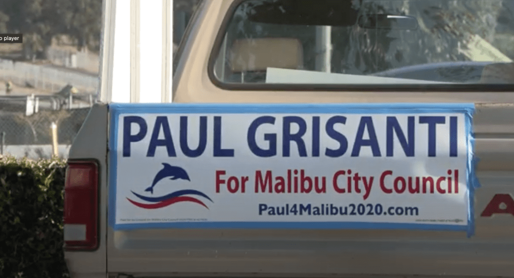 Paul Grisanti's campaign sign posted on the back of a pickup truck Sept. 6 in Malibu Colony Plaza, along PCH. Grisanti said he believes PCH safety is an important issue in the Malibu community.